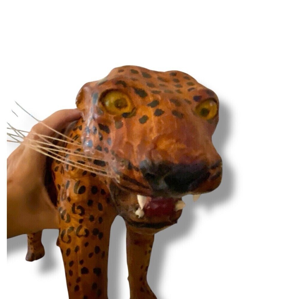 Vintage Leather Wrapped Leopard Cheetah Cat Glass Eyes 16”L x 10” Shelf Style - Picture 9 of 9
